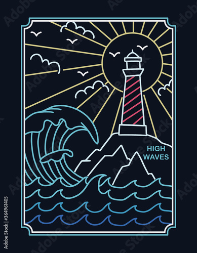 Lighthouse in line neon style. Vector illustration for t-shirt prints, posters and other uses.