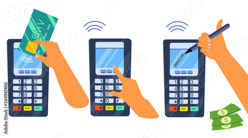 EMV chip payment method concept. PINpad or digital signature.Hand holding smart credit or debit card.Contactless technology. POS terminal for money operations.Vector illustration in flat style