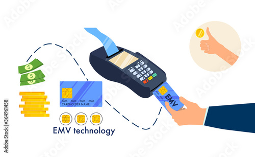 EMV payment method concept. Hand holding smart credit or debit card.Contactless chip technology. PINpad or digital signature.Point of Sale (POS) terminal with receipt.Vector illustration in flat style