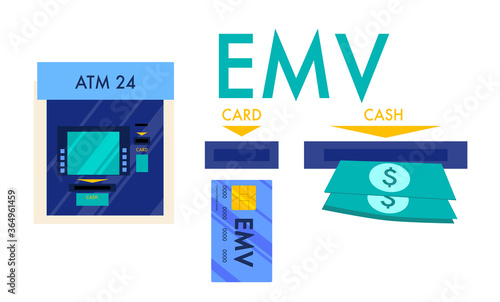 EMV chip payment method concept. Smart credit or debit card for online banking. Automated teller machine (ATM) with depositing and cashing money.Vector illustration in flat style for website, business