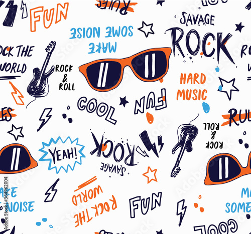 Rock music theme vector seamless pattern. For textile print and other uses