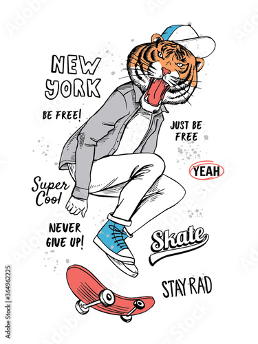 Skater tiger vector illustration for t-shirt prints and other uses.