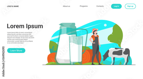 Fresh milk in glass jug. Cow pasturing on farming field. Vector illustration for farm food, nutrition, diet, calcium, casein concept