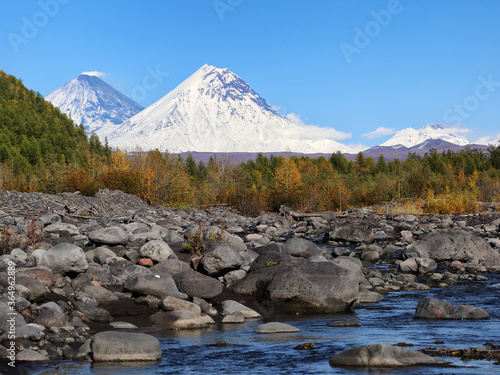 Russia, Far East, Kamchatka Peninsula..Volcanoes  Kliuchevskoi(4800m) Kamen(4585m)
