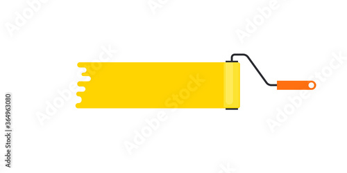 Paint roller yellow brush trace on white wall, vector isolated illustration