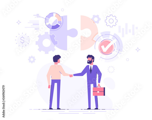 Two business partners are shaking hands. The investor investing money to idea and startup. Partnership and deal concept. Modern vector illustration.