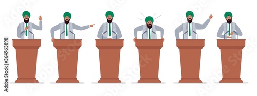A male indian politician has a speech on the tribune. Different emotions of a political candidate. Public speaking concept. Vector character in cartoon style.