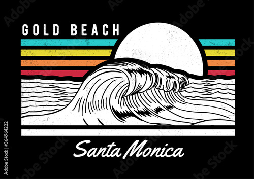 Santa Monica beach text with waves and sun vector illustrations. For t-shirt prints and other uses.