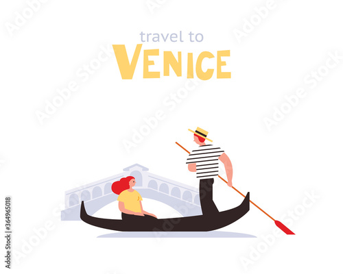 Traveller girl rides in a boat in Venice. Gondolier rides woman in gondola. Traveling in Venice.