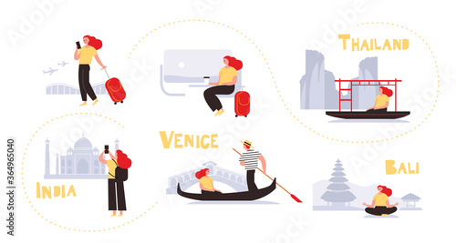 Set of travel illustrations, pictures, sketches, scenes. Traveling in India, Thailand, Bali. Visit Asia.Traveling concept. Traveler's icons.