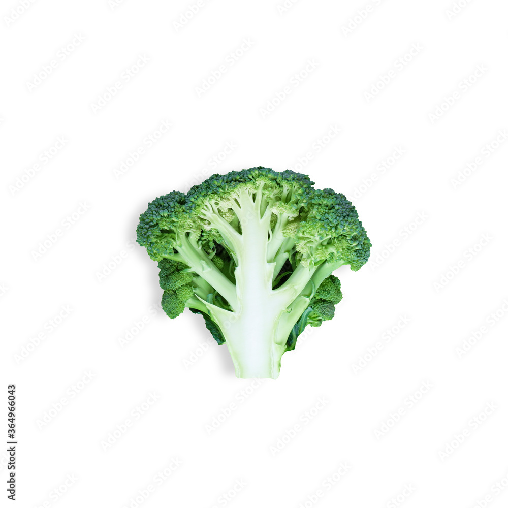 Broccoli head cut in half isolated on a white background. Concept of freshness, green healthy vegetables for diet. Top view, flat lay. Broccoli head cut in half isolated on a white background. Concept of freshness, green healthy vegetables for diet. Top view, flat lay.