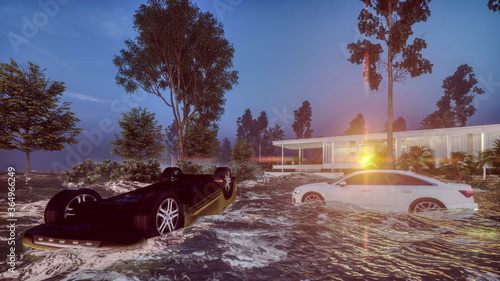 flooded road during a flood caused by heavy rain 3d rendering
