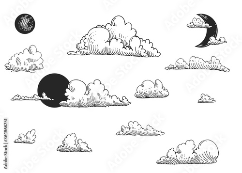Detailed hand drawn black and white illustration set of clouds, sun, moon. sketch. Vector. Elements in graphic style label, card, sticker, menu, package.