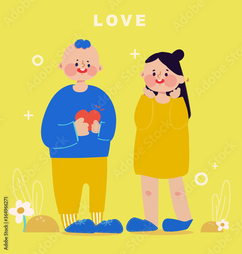 Loving couple holding love confession on Valentine's Day, happy man and woman in lively illustration background,Cartoon Flat Vector Illustration,Flat style color modern