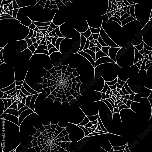 Repeat pattern vector illustration of a simple fancy Halloween spider web, different types of white webs on the black background, seamless ornament for halloween party decoration, textile, gift paper