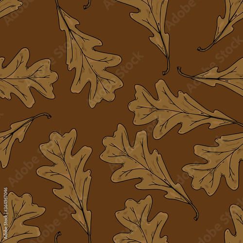 Oak leaves seamless pattern. Autumn oak leaves. Vector illustration of autumn leaves seamless pattern. Hand drawn leaves of oak.