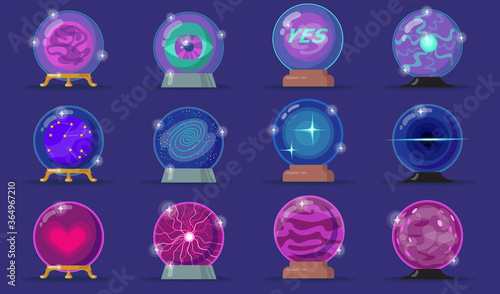 Various magic balls flat icon set. Cartoon energy spheres, fortune paranormal glasses, magician crystal orbs vector illustration collection. Fantasy and mystery concept
