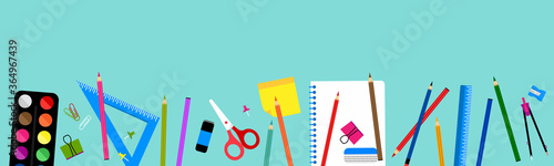 Back to school horizontal seamless border pattern banner with school supplies, compasses, colored crayons, erasers, scissors, paper clips, sharpeners, ruler, push pin, watercolor box, pen, post it,