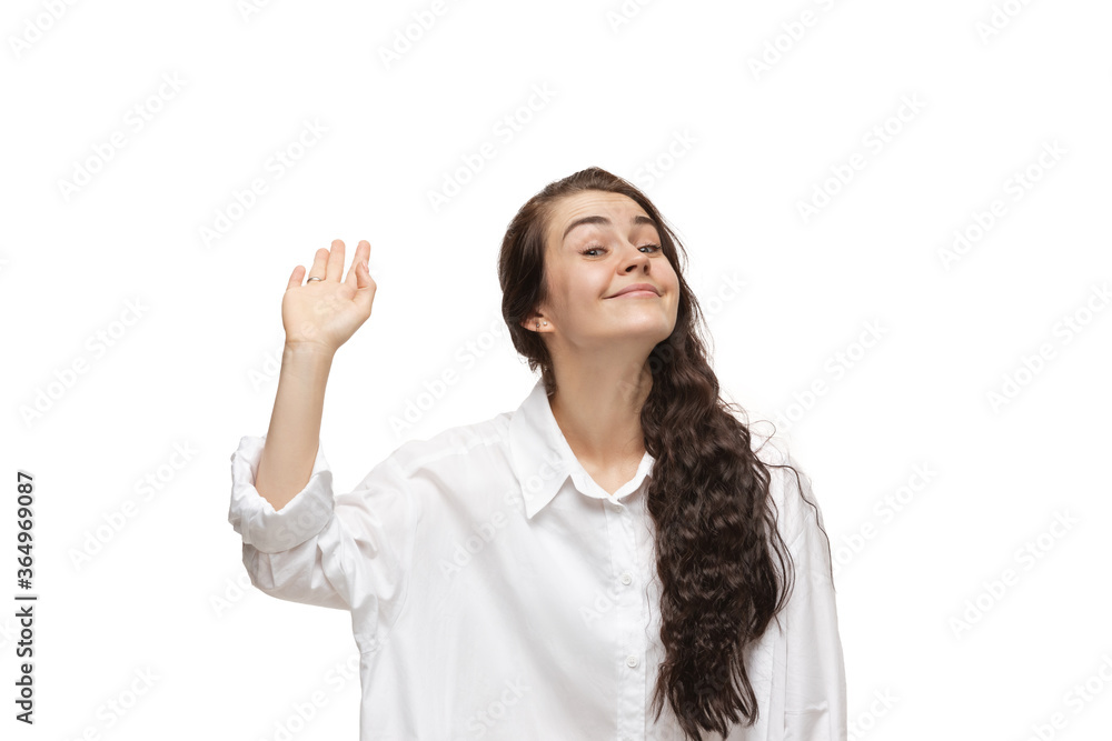 Bye bye dude. Young caucasian woman with funny, unusual popular emotions and gestures on white studio background. Human emotions, facial expression, sales, ad concept. Trendy look inspired by memes. Bye bye dude. Young caucasian woman with funny, unusual popular emotions and gestures on white studio background. Human emotions, facial expression, sales, ad concept. Trendy look inspired by memes.