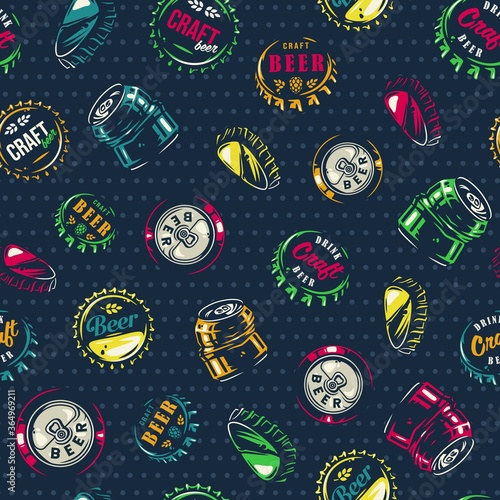 Pattern with curved metal cork and craft beer can