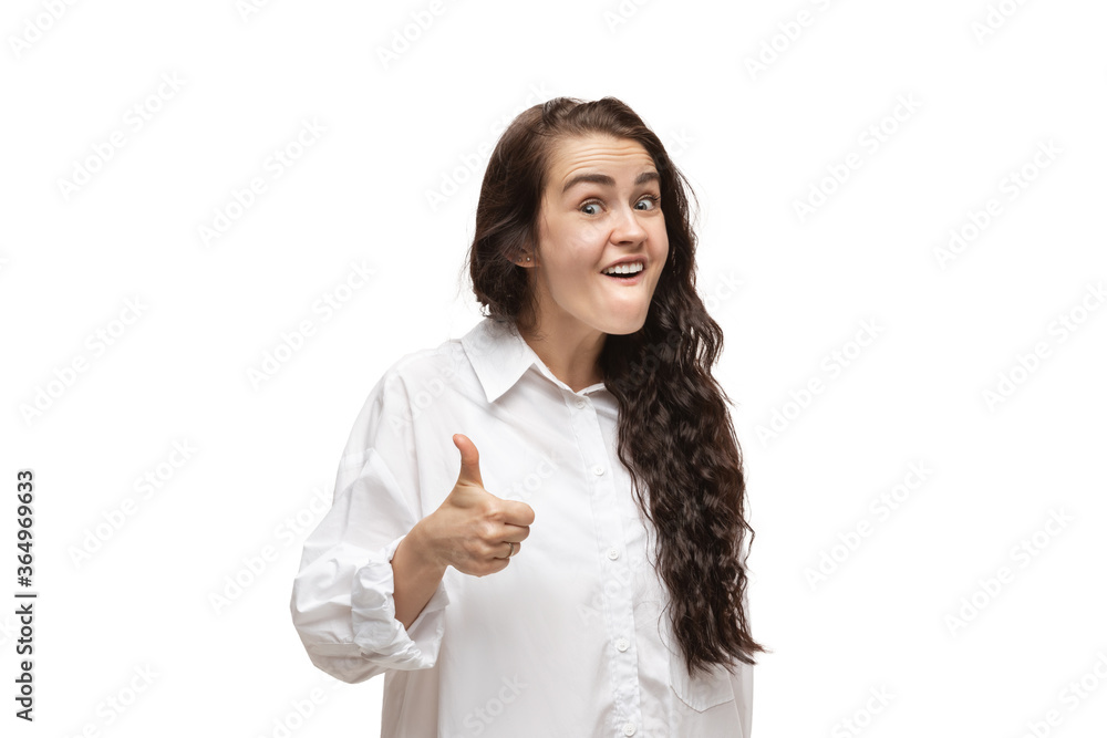 Like it. Young caucasian woman with funny, unusual popular emotions and gestures on white studio background. Human emotions, facial expression, sales, ad concept. Trendy look inspired by memes. Like it. Young caucasian woman with funny, unusual popular emotions and gestures on white studio background. Human emotions, facial expression, sales, ad concept. Trendy look inspired by memes.