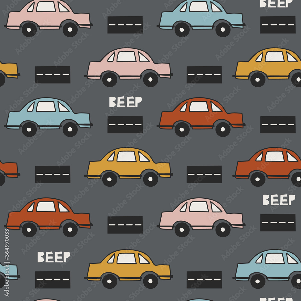 Seamless pattern with cars, hand drawn overlapping backdrop. Colorful background vector. Illustration with automobiles. Decorative wallpaper, good for printing