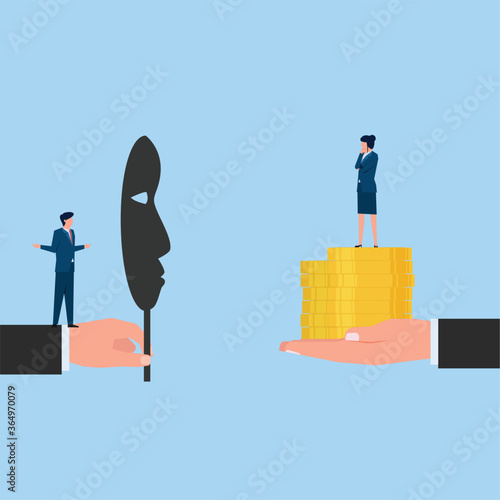 Man with big fake mask offering help to woman with coin metaphor of social engineering and hack. Business flat vector concept illustration.