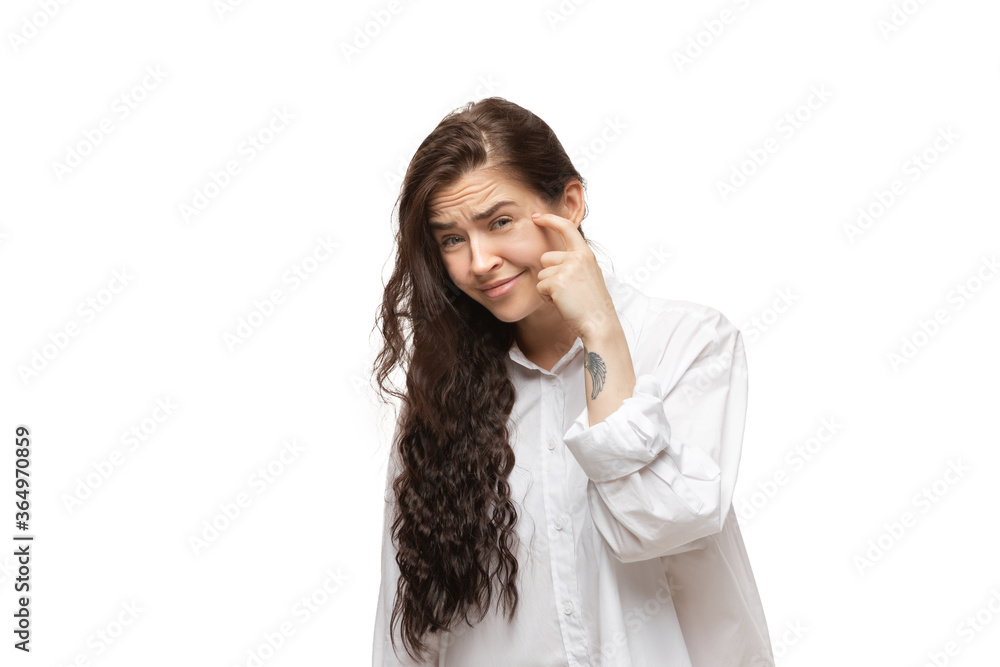 We are smart. Young caucasian woman with funny, unusual popular emotions and gestures on white studio background. Human emotions, facial expression, sales, ad concept. Trendy look inspired by memes. We are smart. Young caucasian woman with funny, unusual popular emotions and gestures on white studio background. Human emotions, facial expression, sales, ad concept. Trendy look inspired by memes.