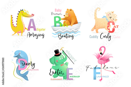 English language Alphabet letters with animals for teaching and studying collection. Elephant, alligator, bear, cat, dolphin and flamingo ABC cartoon. Vector isolated clipart in watercolor style.