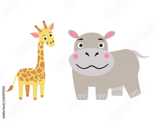 Vector cartoon illustration of cartoon cute safari animals - hippopotamus and giraffe on white background