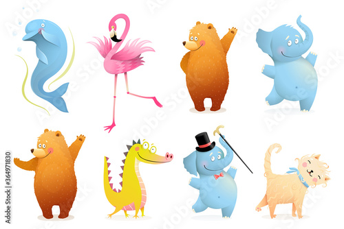 Collection of funny baby animals for kids projects. Adorable colorful Isolated clipart animals Bear, Elephant, Flamingo, Dolphin, Crocodile or Dinosaur and Cat or Kitten. Vector isolated clipart.