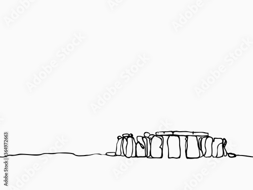 black simple childish continuous hand drawn  line art Stonehenge prehistoric monument  Wiltshire, England on white background for wallpaper, label, banner, wrapping etc. vector design.