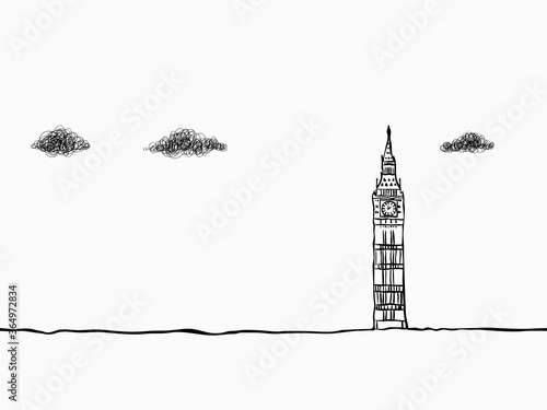 black simple childish continuous hand drawn  line art  Big Ben Tower of London, United Kingdom on white background for wallpaper, label, banner, wrapping etc. vector design.