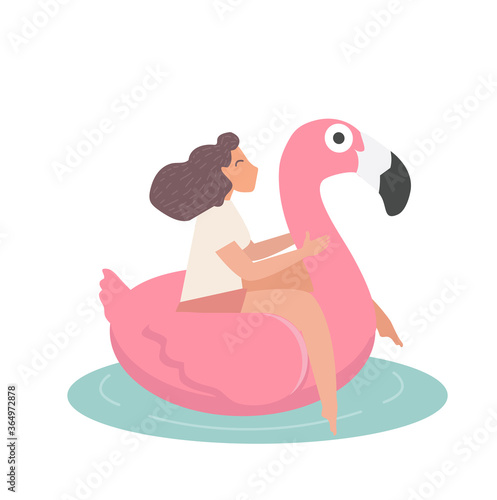 girl swimming on pink flamingo float vector