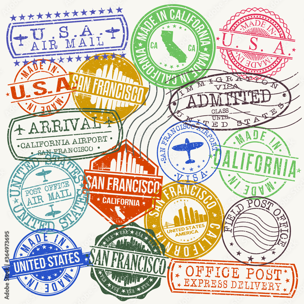 San Francisco California Stamp Vector Art Postal Passport Travel Design Set Badge.