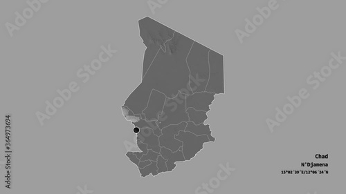 Logone Occidental, region of Chad, with its capital, localized, outlined and zoomed with informative overlays on a bilevel map in the Stereographic projection. Animation 3D photo