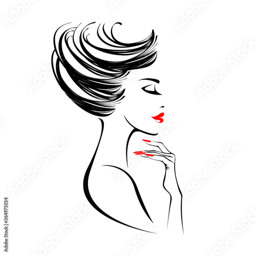 Beautiful woman with elegant makeup, hairstyle and manicure.Fashion model.Profile view girl portrait.Cosmetics and spa icon.Hair salon, nails art and beauty studio.