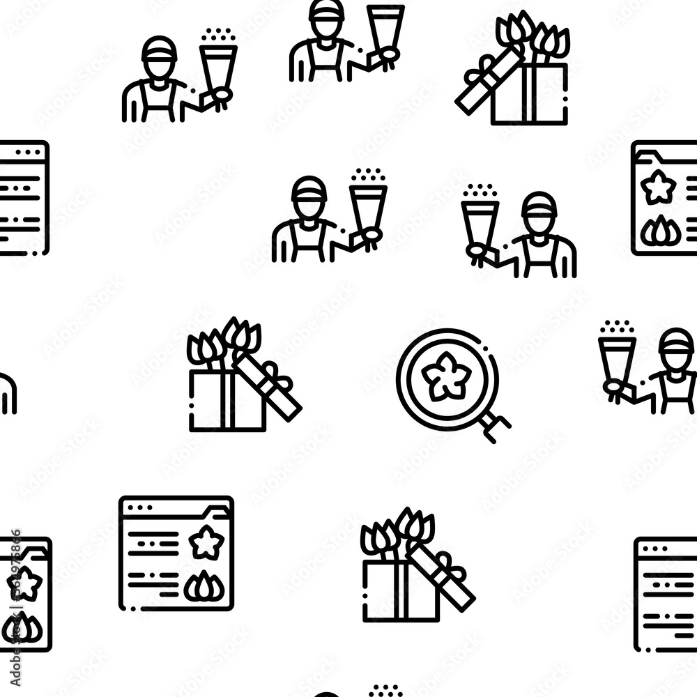 Flower Shop Boutique Seamless Pattern Vector Thin Line. Illustrations Flower Shop Boutique Seamless Pattern Vector Thin Line. Illustrations
