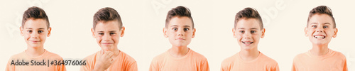 diferent emotions portrait of a cute happy smiling teenager boy on white. Funny emotional teenager looking at camera.