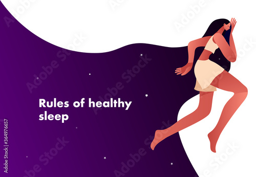 Woman in the bed, trying to fall asleep. Rules of healthy sleep type. Problem of insomnia, sleeplessness, sleep disorder, nightmare. Vector illustration in flat cartoon style. Vector illustration