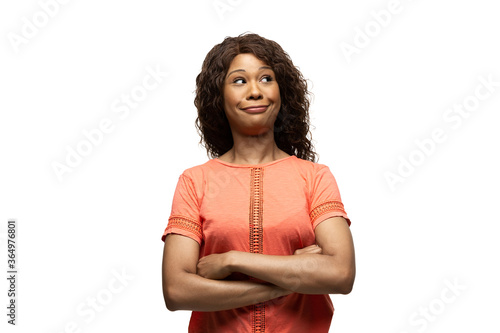 Dreamful. Young african-american woman with funny, unusual popular emotions and gestures on white studio background. Human emotions, facial expression, sales, ad concept. Trendy look inspired by memes