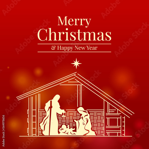 Merry christmas and happy new year banner with Nativity of Jesus scene on red background vector design