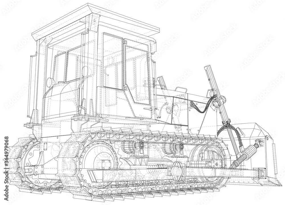 Large bulldozer. Vector Wire-frame isolated excavator on background. Vector rendering of 3d.