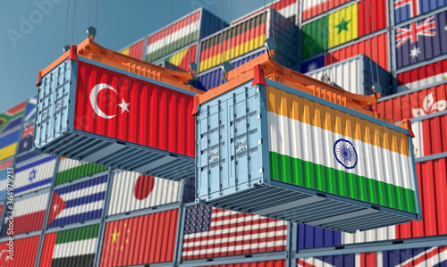 Freight containers with India and Turkey flag. 3D Rendering 