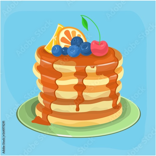 Pancakes, with fresh blueberries, strawberries and maple syrup on a light background. Sweet maple syrup flows from a stack of pancakes.Food Vector illustration. Great for menu, poster or label.	