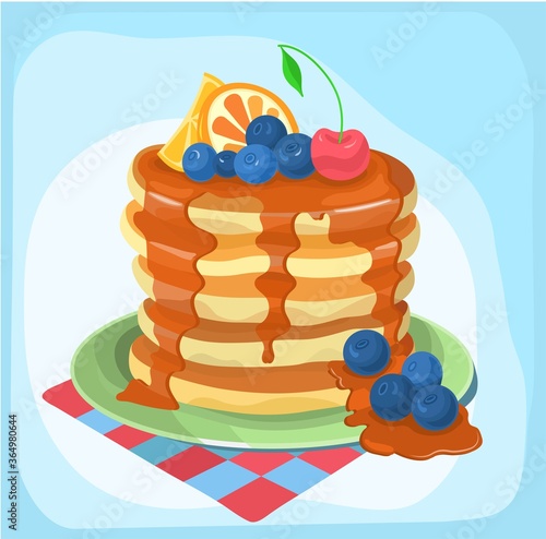 Pancakes, with fresh blueberries, strawberries and maple syrup on a light background. Sweet maple syrup flows from a stack of pancakes.Food Vector illustration. Great for menu, poster or label.	
