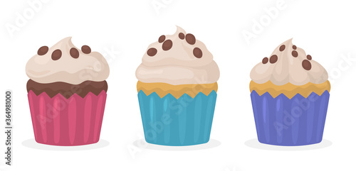 Set of colorful cupcakes isolated on white background.