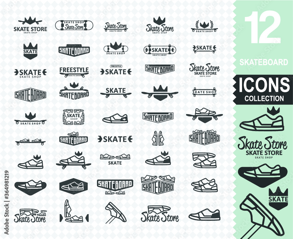 Vecteur Stock Skateboard logo collection (set of 45 different skateboard  logos Use for helmet, skateboards, stickers, t-shirt typography,logos and  design elements) | Adobe Stock