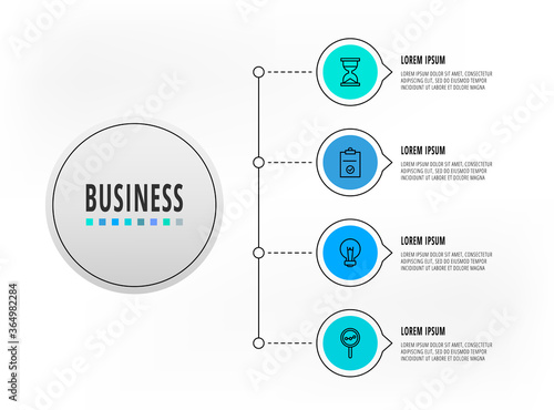 Infographics circles with 4 steps, icons. Flatline vector template. Can be used for four business, web, banner, workflow layout, flowchart, info graph, timeline, content, chart, processes diagram.