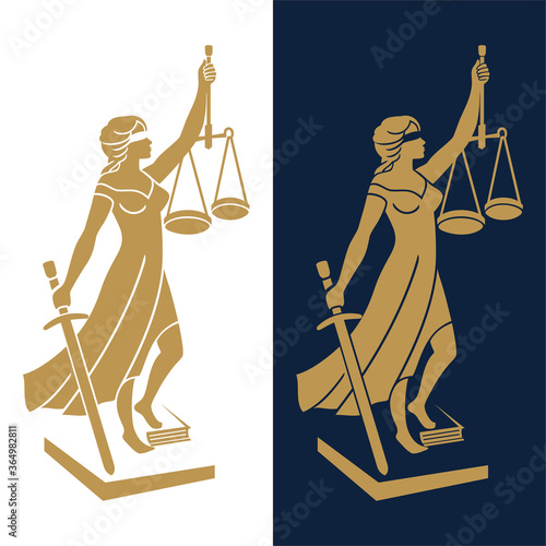 Justice Goddess Themis, lady justice. Statue of Femida on white background for law firm, lawyers, rights attorneys, business law firm. Blindfold woman holding scales and sword. Vector illustration.